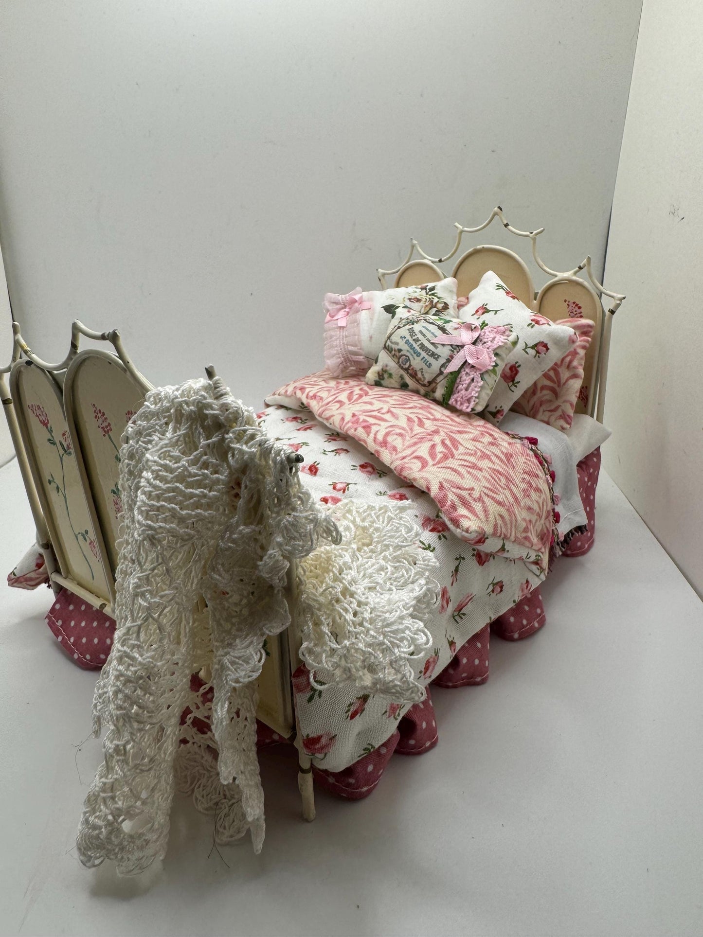 Dolls House Dressed 1/12th Vintage Shabby Chic Metal bed - Francesca