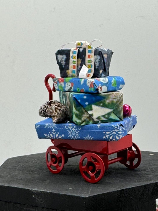 Dolls House Miniatures - Christmas present stack on cart x1