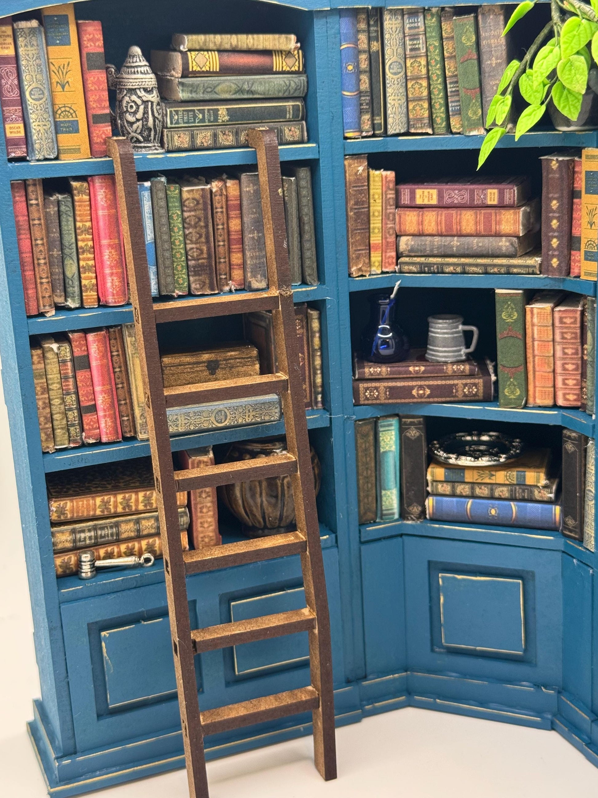 Dolls House Miniatures - 1/12th Peacock Blue Corner Bookshelf / Bookcase