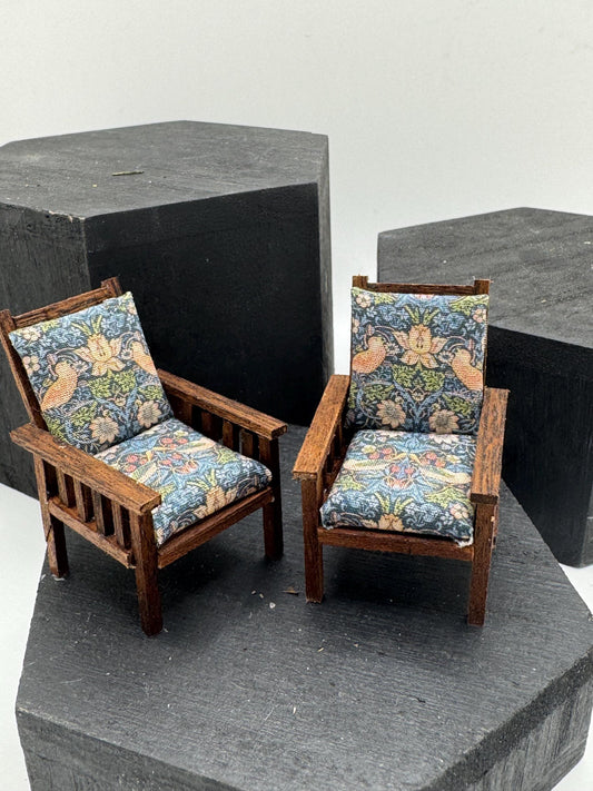 Dolls House Miniatures 1/24th / 1:24th / Half Inch Scale -  arts and crafts chairs x2 William Morris’s fabric