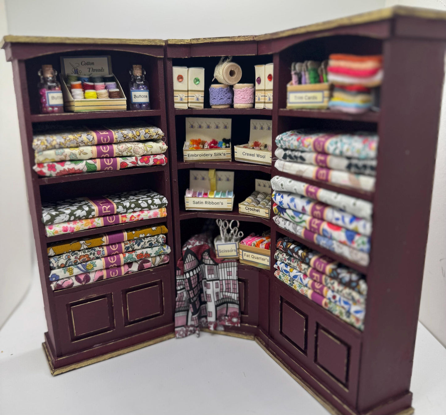 Dolls House Miniatures - 1/12th  Liberty fabric and Inspired Haberdashery Shop Shelves (2 pc)