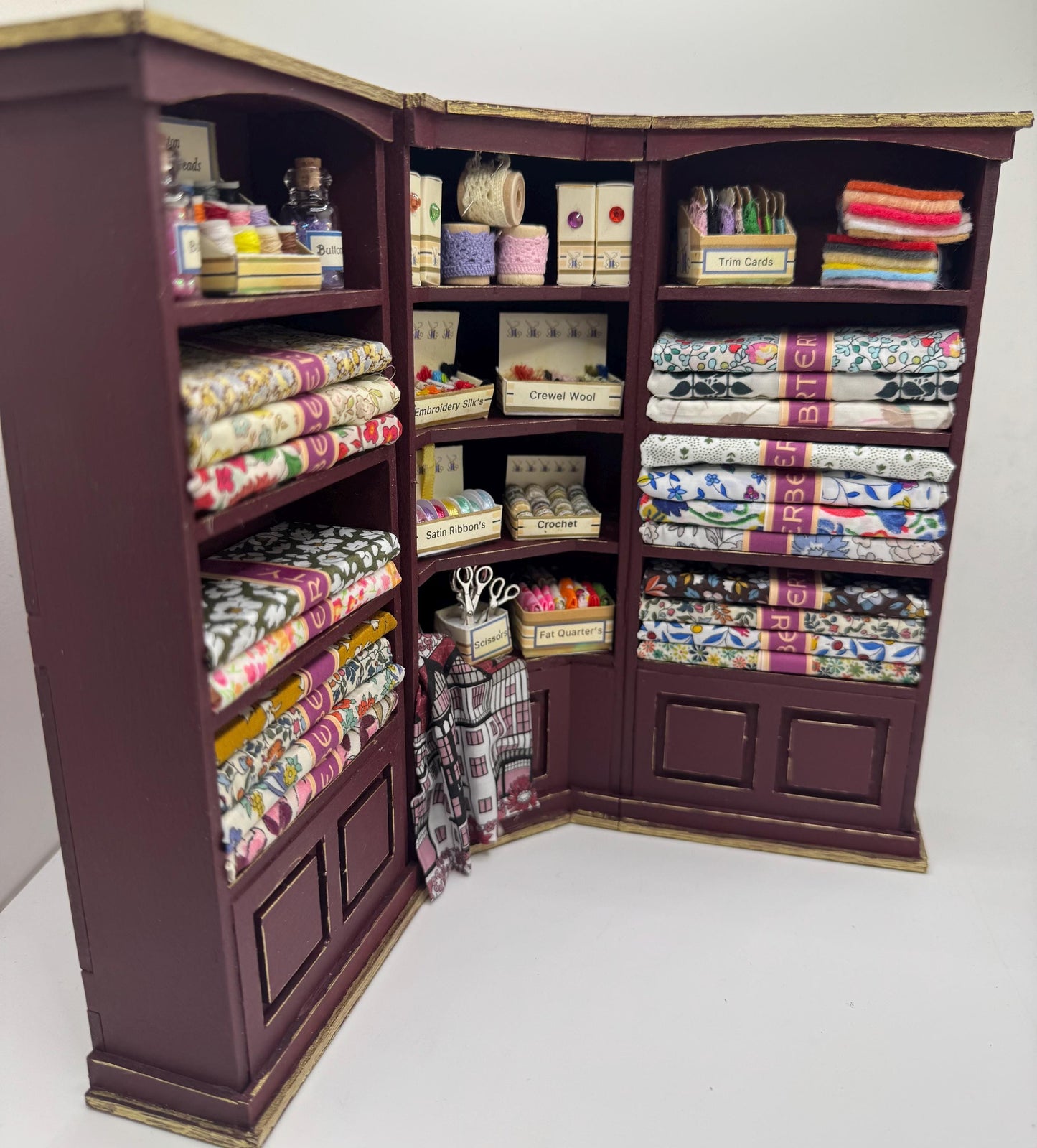 Dolls House Miniatures - 1/12th  Liberty fabric and Inspired Haberdashery Shop Shelves (2 pc)
