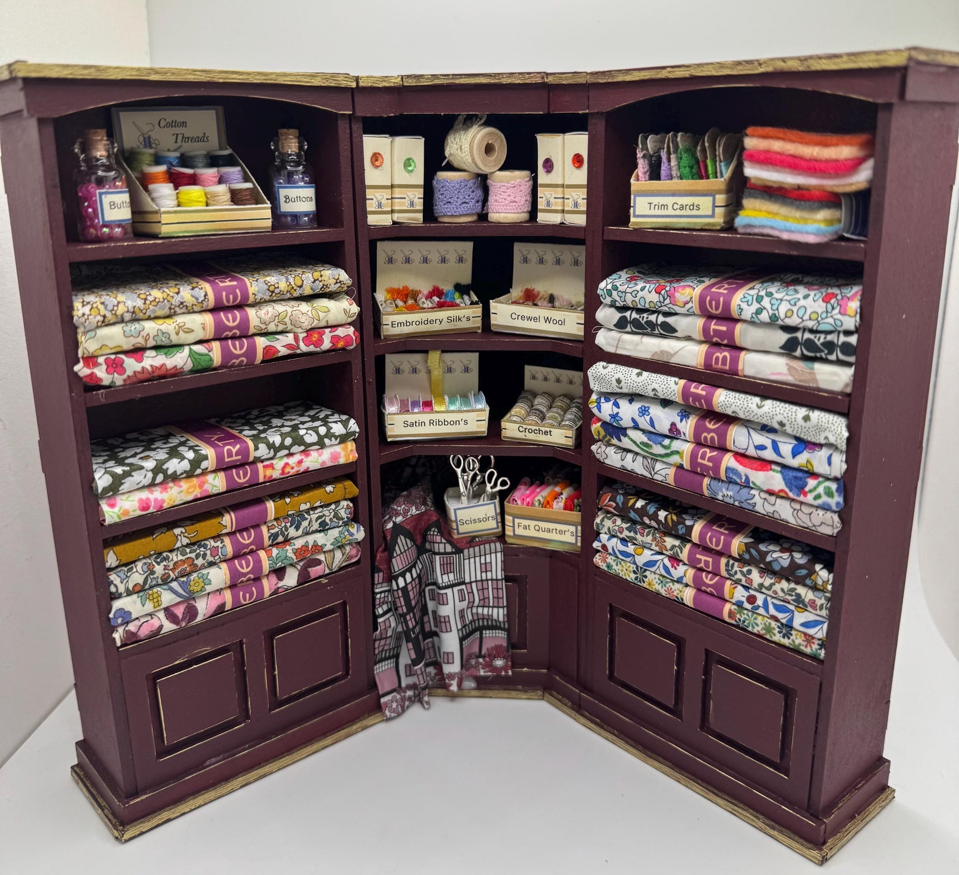 Dolls House Miniatures - 1/12th  Liberty fabric and Inspired Haberdashery Shop Shelves (2 pc)