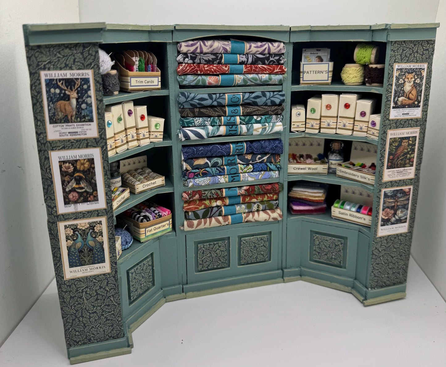 Dolls House Miniatures - 1/12th  William Morris fabric and Inspired Haberdashery Shop Shelves