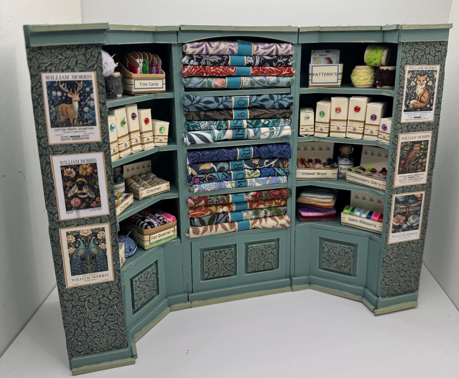 Dolls House Miniatures - 1/12th  William Morris fabric and Inspired Haberdashery Shop Shelves