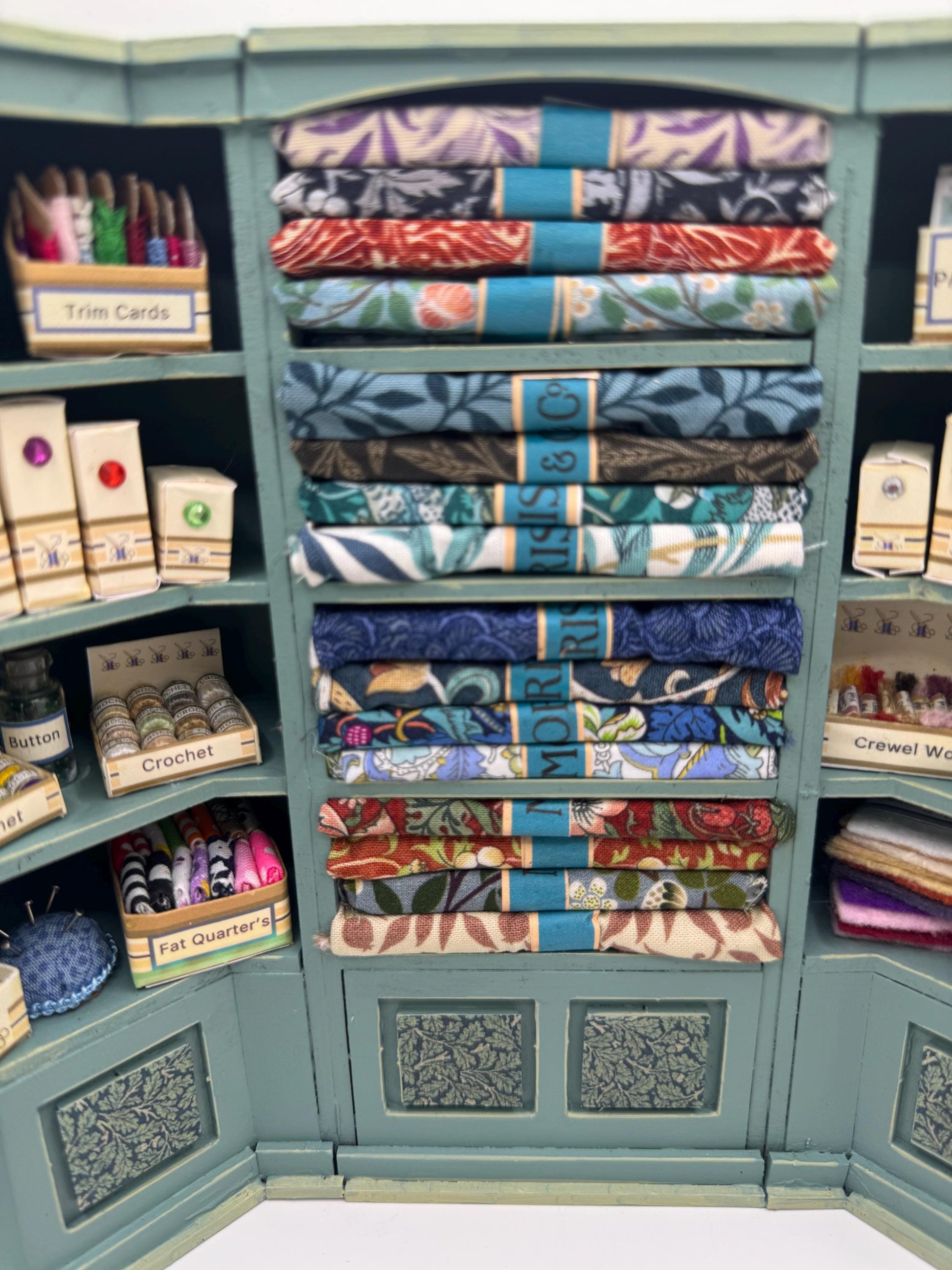 Dolls House Miniatures - 1/12th  William Morris fabric and Inspired Haberdashery Shop Shelves