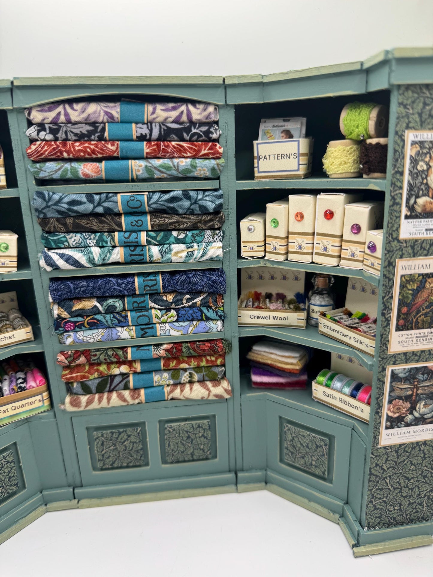 Dolls House Miniatures - 1/12th  William Morris fabric and Inspired Haberdashery Shop Shelves