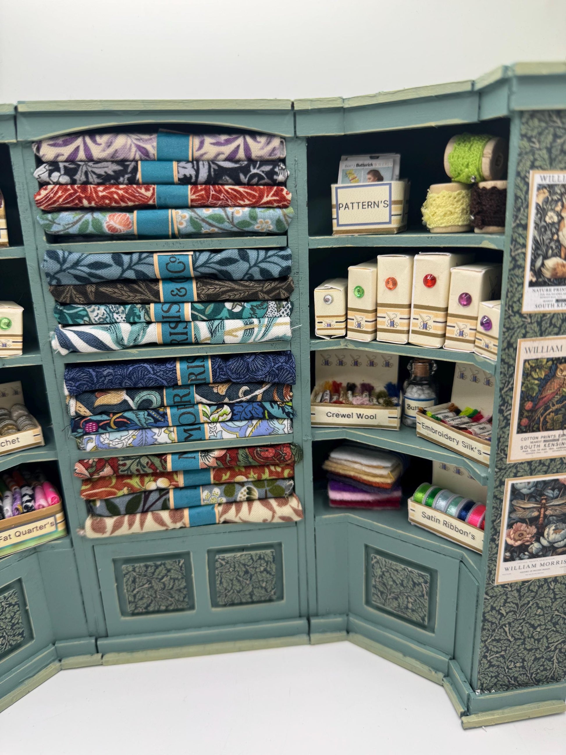 Dolls House Miniatures - 1/12th  William Morris fabric and Inspired Haberdashery Shop Shelves