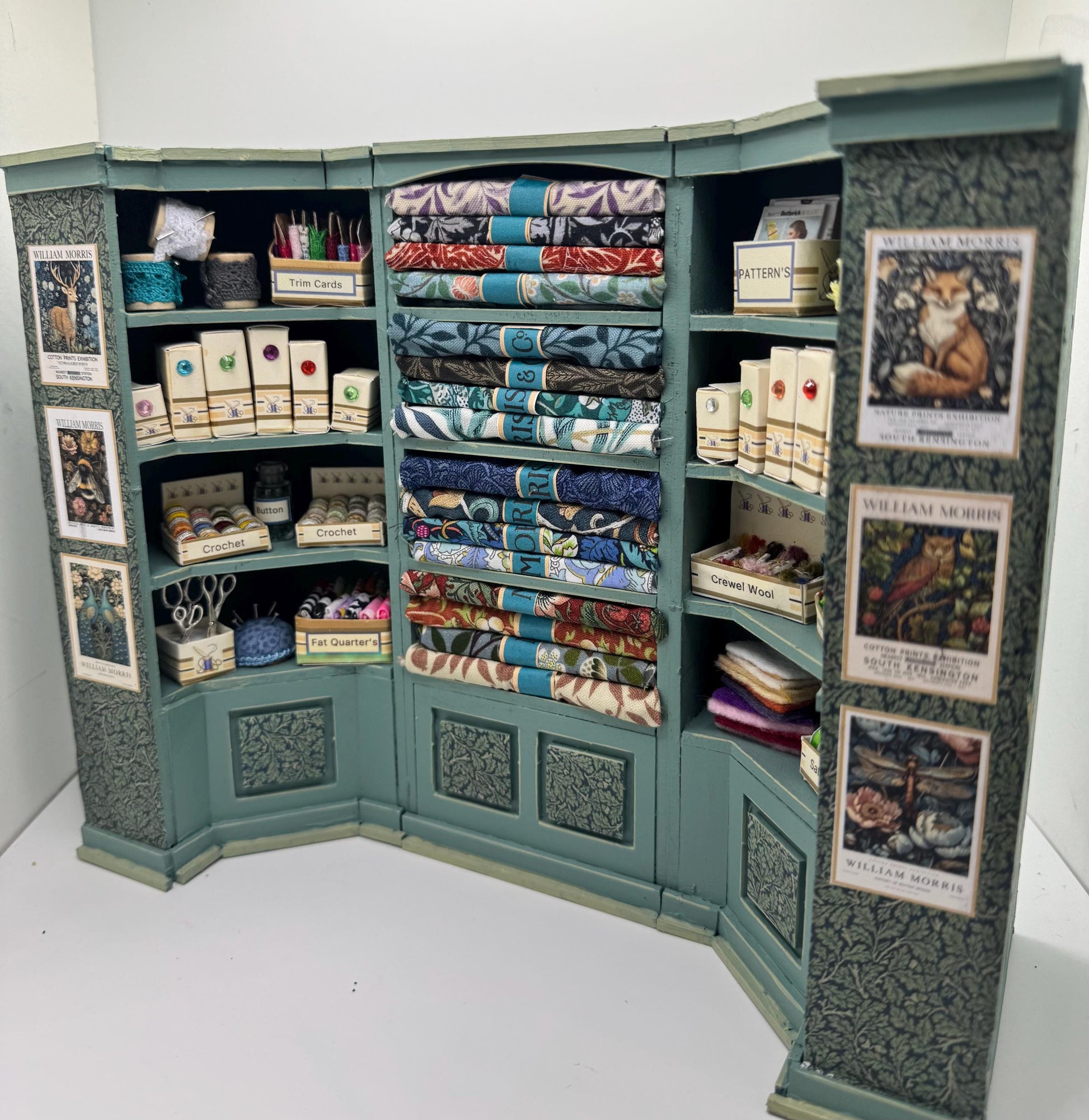 Dolls House Miniatures - 1/12th  William Morris fabric and Inspired Haberdashery Shop Shelves