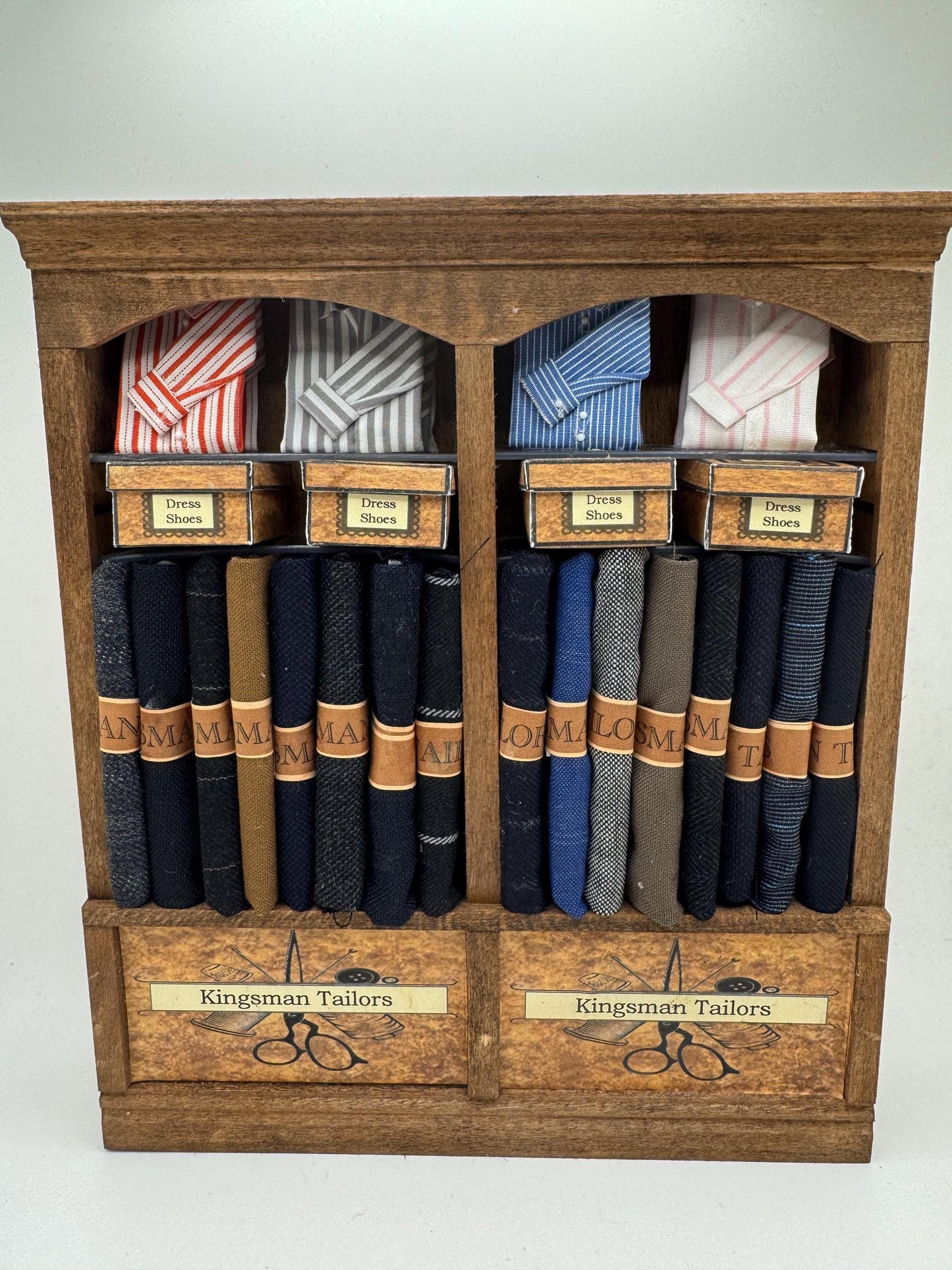 Dolls House Miniatures - Hand Made 1/12th  -  Gentlemans outfitters / shirt shop shelves (various)