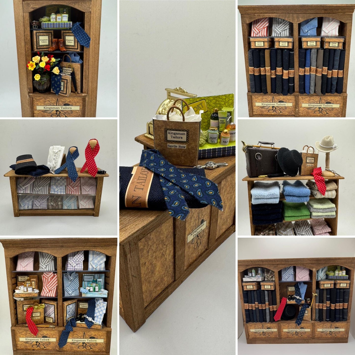 Dolls House Miniatures - Hand Made 1/12th  -  Gentlemans outfitters / shirt shop shelves (various)