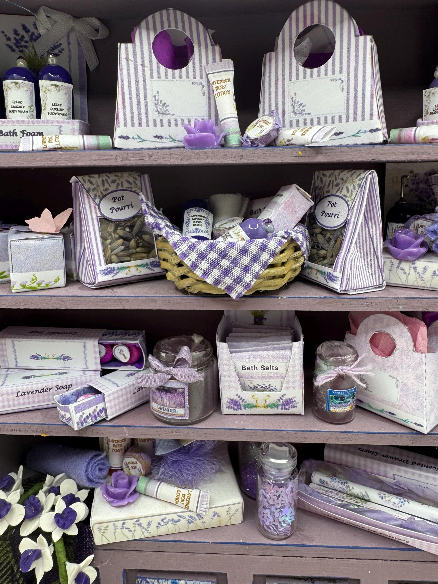 Dolls House Miniatures - 1/12th Lavender Perfume shop Shelves