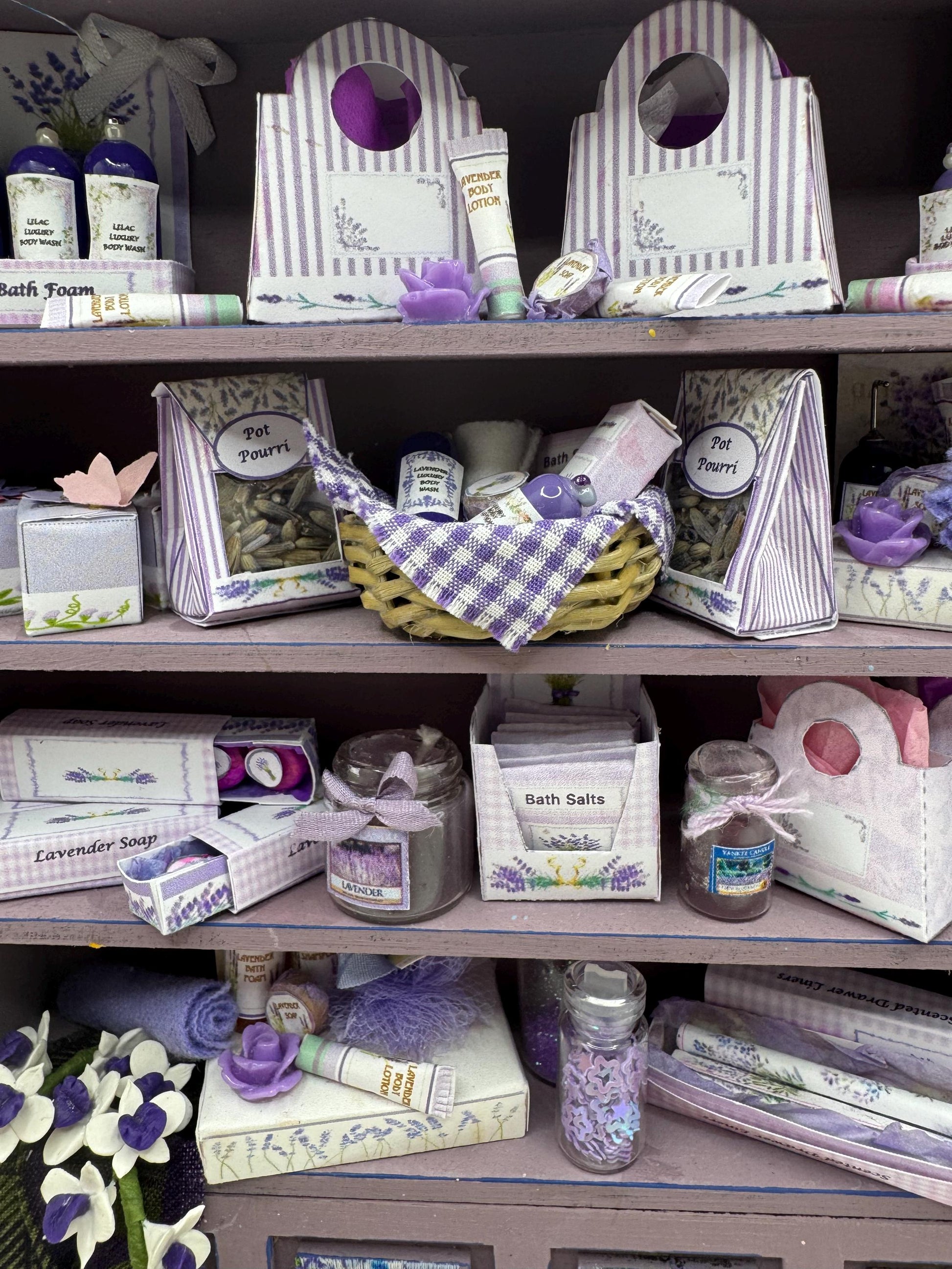 Dolls House Miniatures - 1/12th Lavender Perfume shop Shelves
