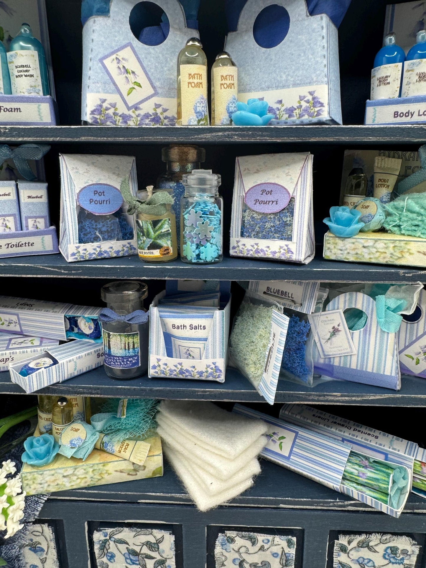 Dolls House Miniatures - 1/12th Bluebell & Hyacinth Perfume shop Shelves