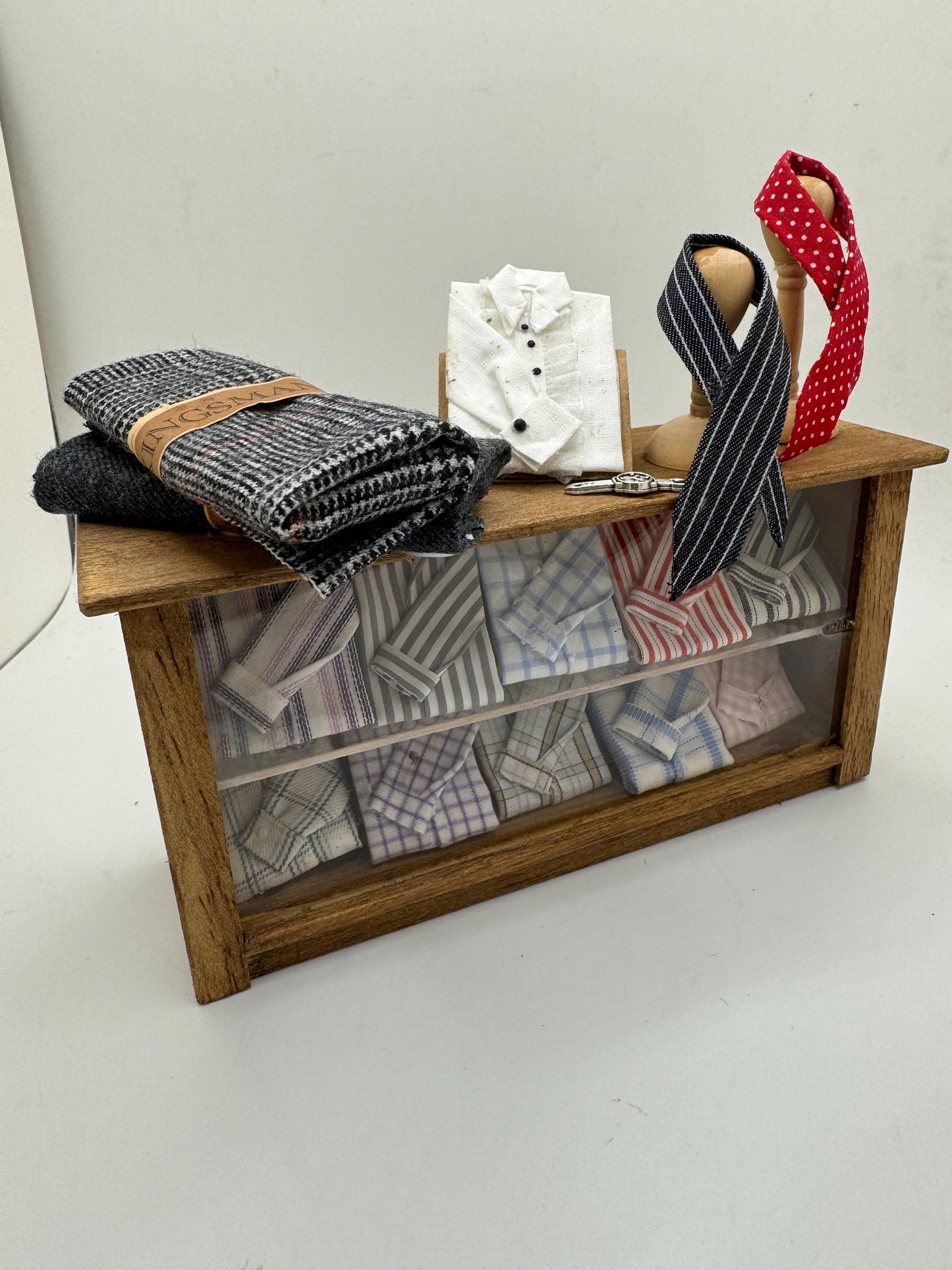 Dolls House Miniatures - Hand Made 1/12th  -  Gentlemans outfitters / shirt shop shelves (various)