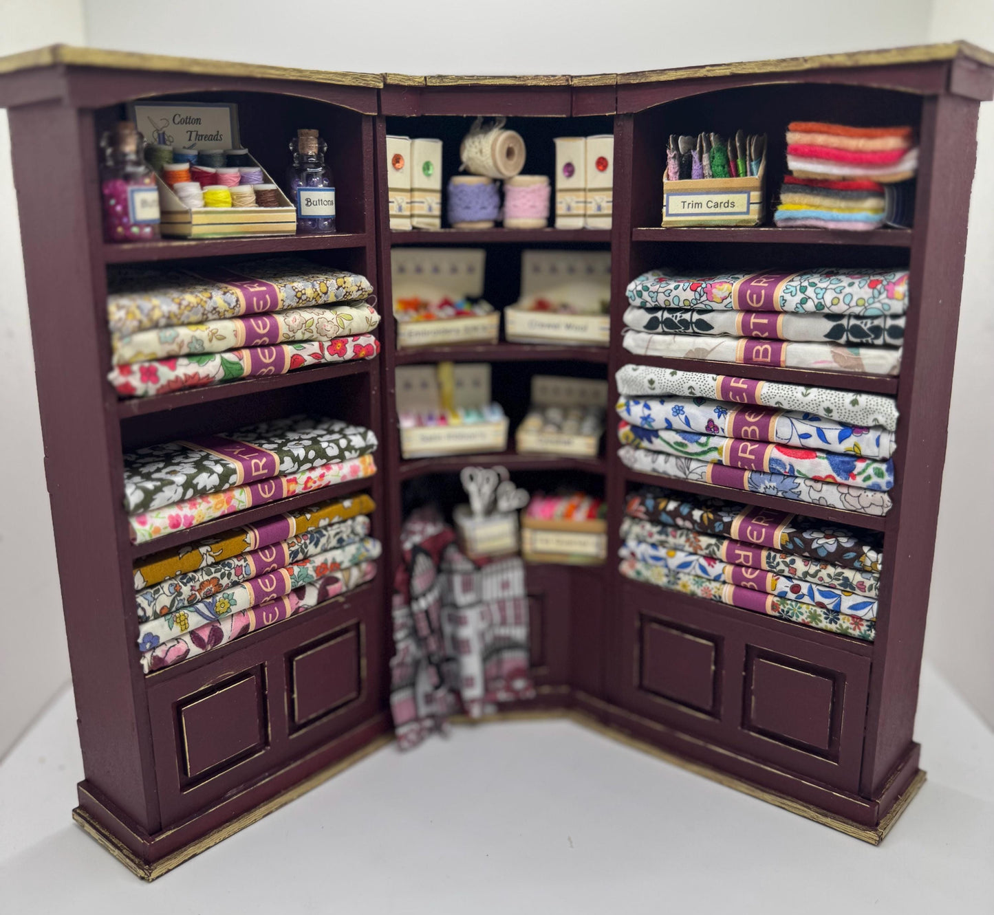 Dolls House Miniatures - 1/12th  Liberty fabric and Inspired Haberdashery Shop Shelves (2 pc)