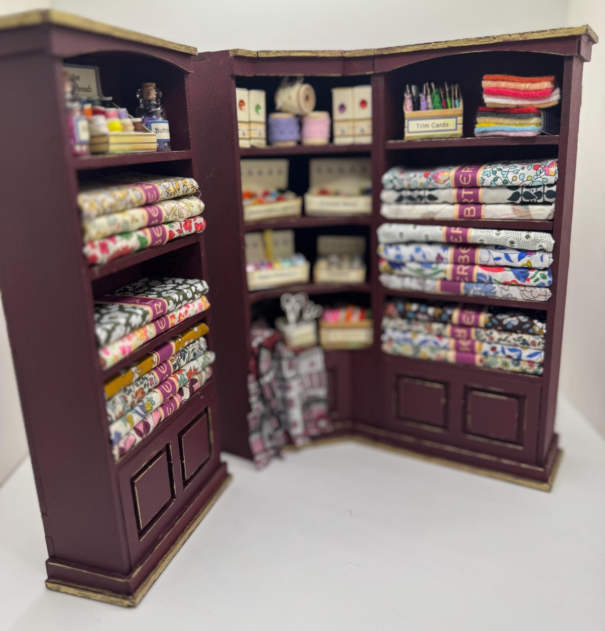 Dolls House Miniatures - 1/12th  Liberty fabric and Inspired Haberdashery Shop Shelves (2 pc)