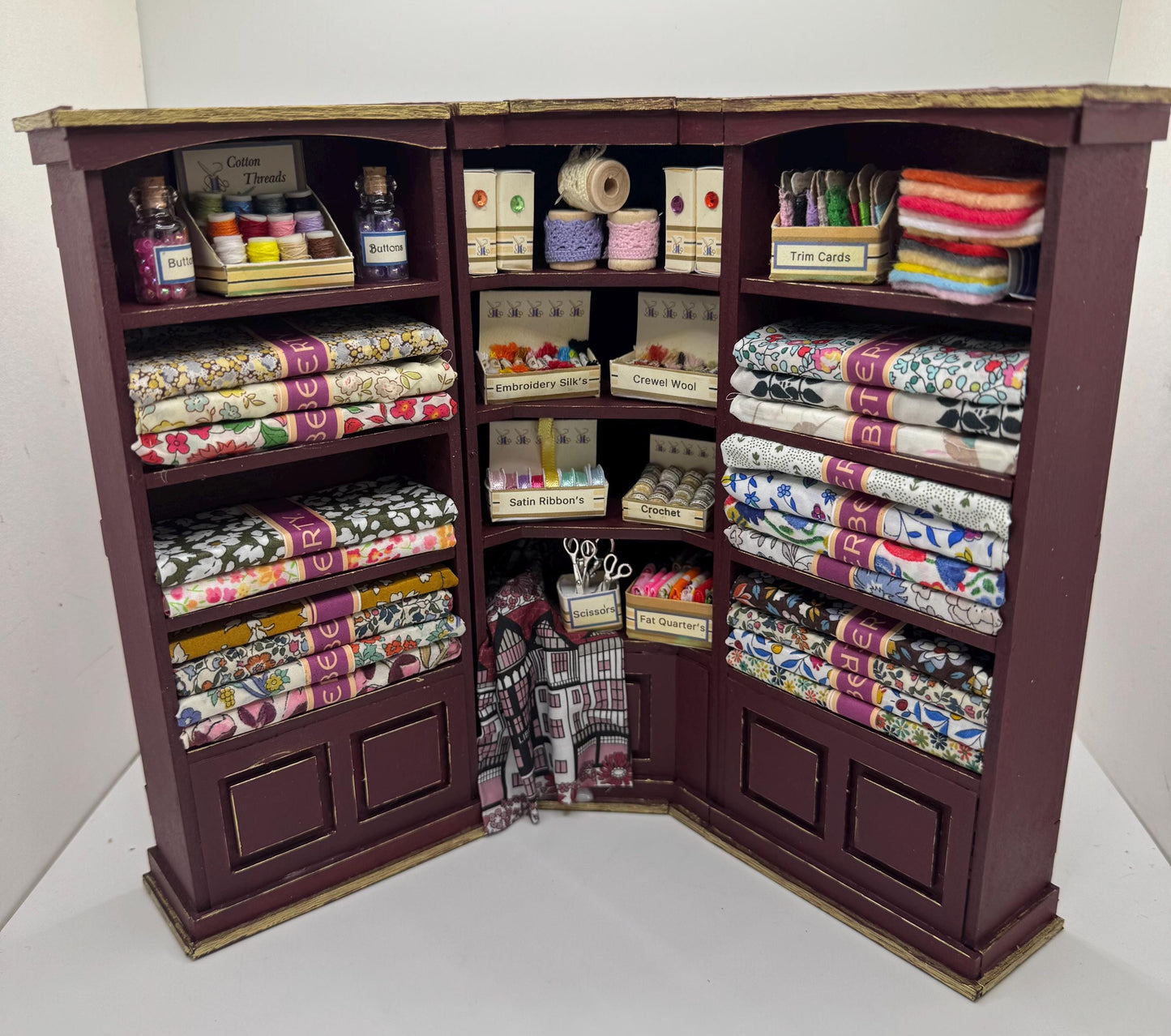 Dolls House Miniatures - 1/12th  Liberty fabric and Inspired Haberdashery Shop Shelves (2 pc)