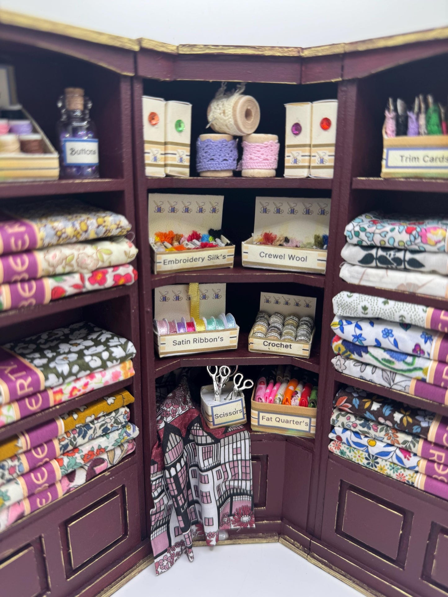 Dolls House Miniatures - 1/12th  Liberty fabric and Inspired Haberdashery Shop Shelves (2 pc)
