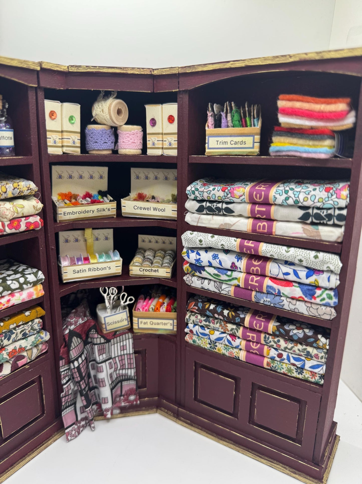 Dolls House Miniatures - 1/12th  Liberty fabric and Inspired Haberdashery Shop Shelves (2 pc)