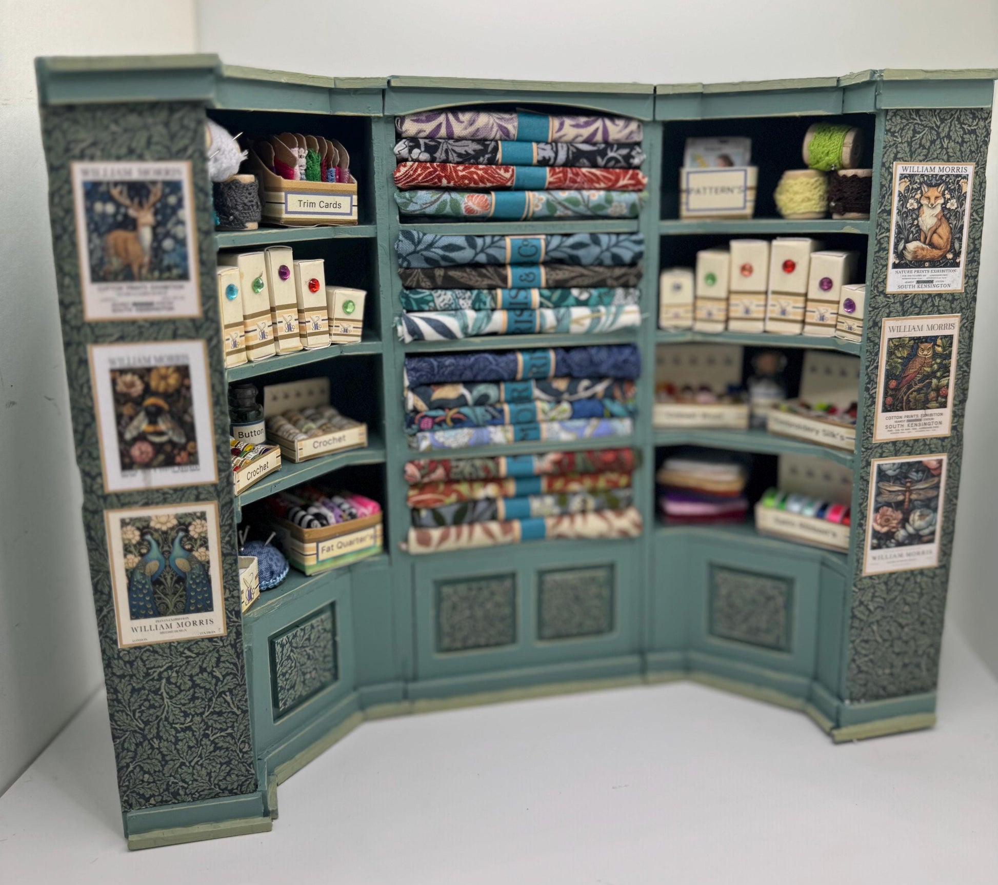 Dolls House Miniatures - 1/12th  William Morris fabric and Inspired Haberdashery Shop Shelves