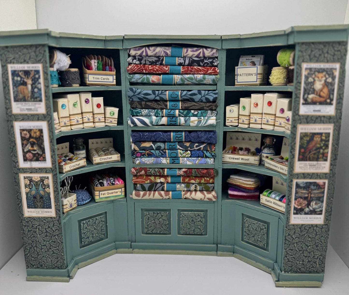 Dolls House Miniatures - 1/12th  William Morris fabric and Inspired Haberdashery Shop Shelves
