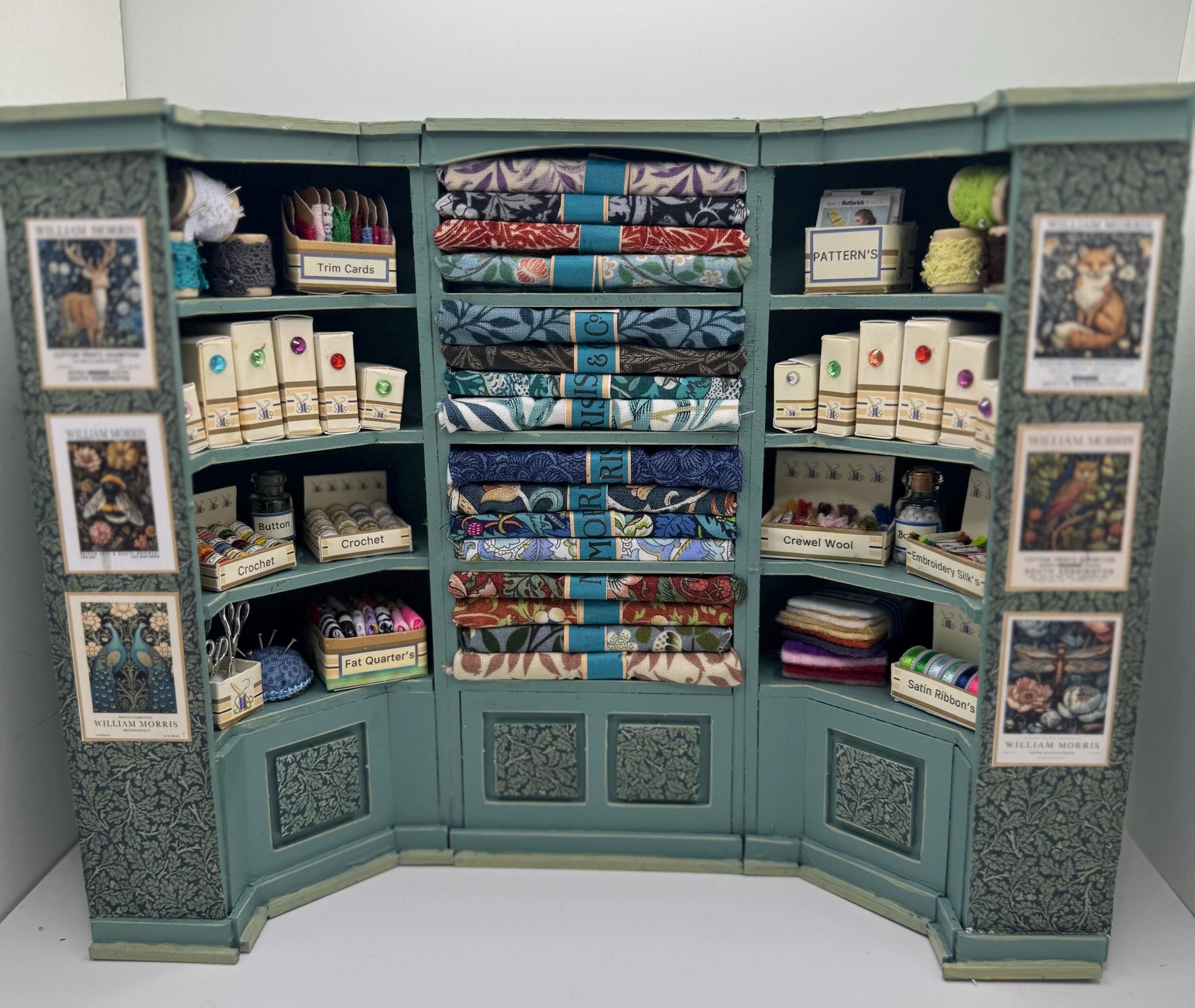 Dolls House Miniatures - 1/12th  William Morris fabric and Inspired Haberdashery Shop Shelves