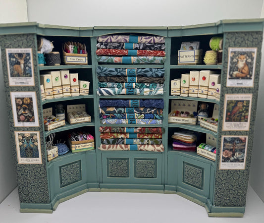 Dolls House Miniatures - 1/12th  William Morris fabric and Inspired Haberdashery Shop Shelves
