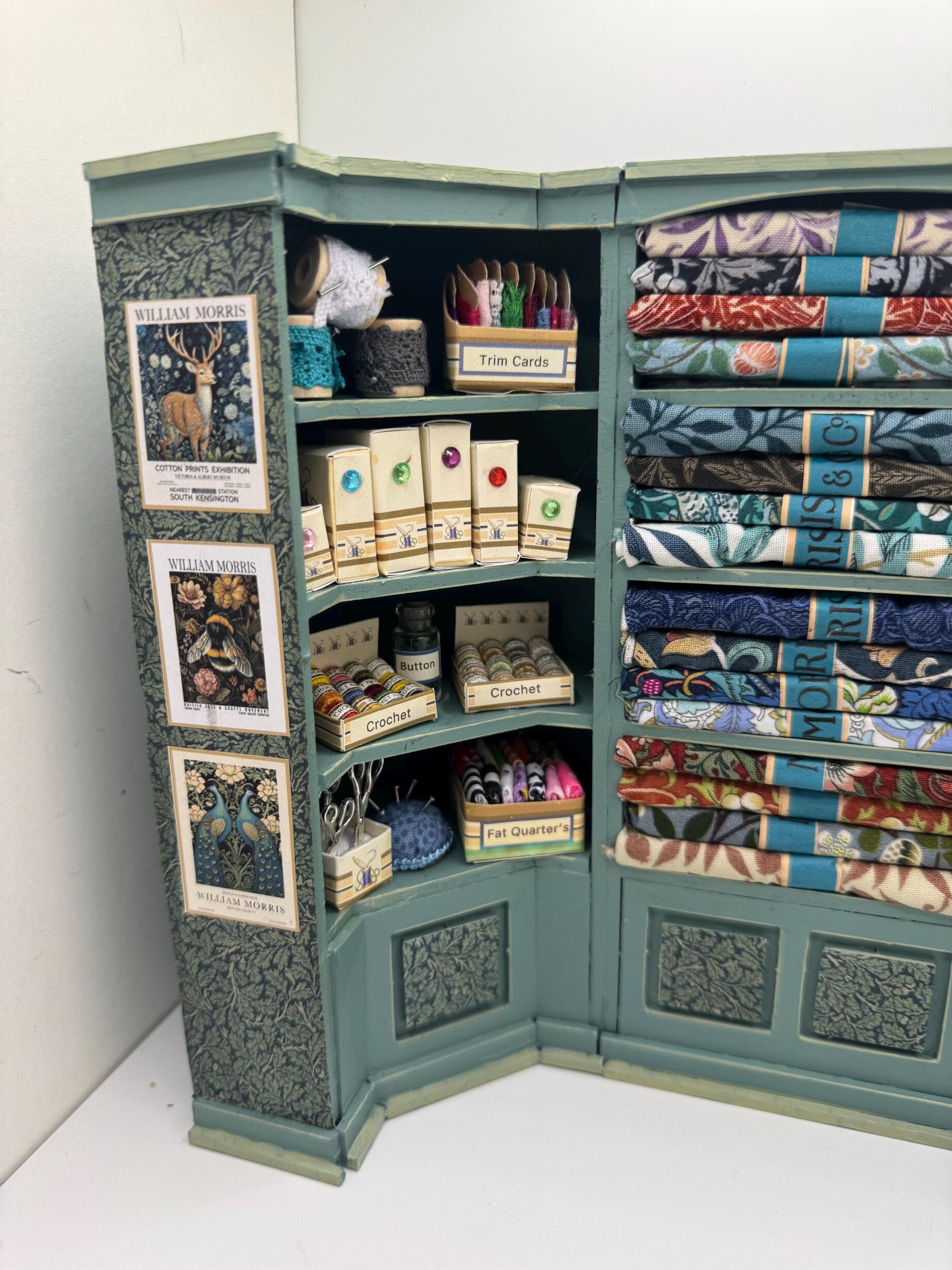 Dolls House Miniatures - 1/12th  William Morris fabric and Inspired Haberdashery Shop Shelves