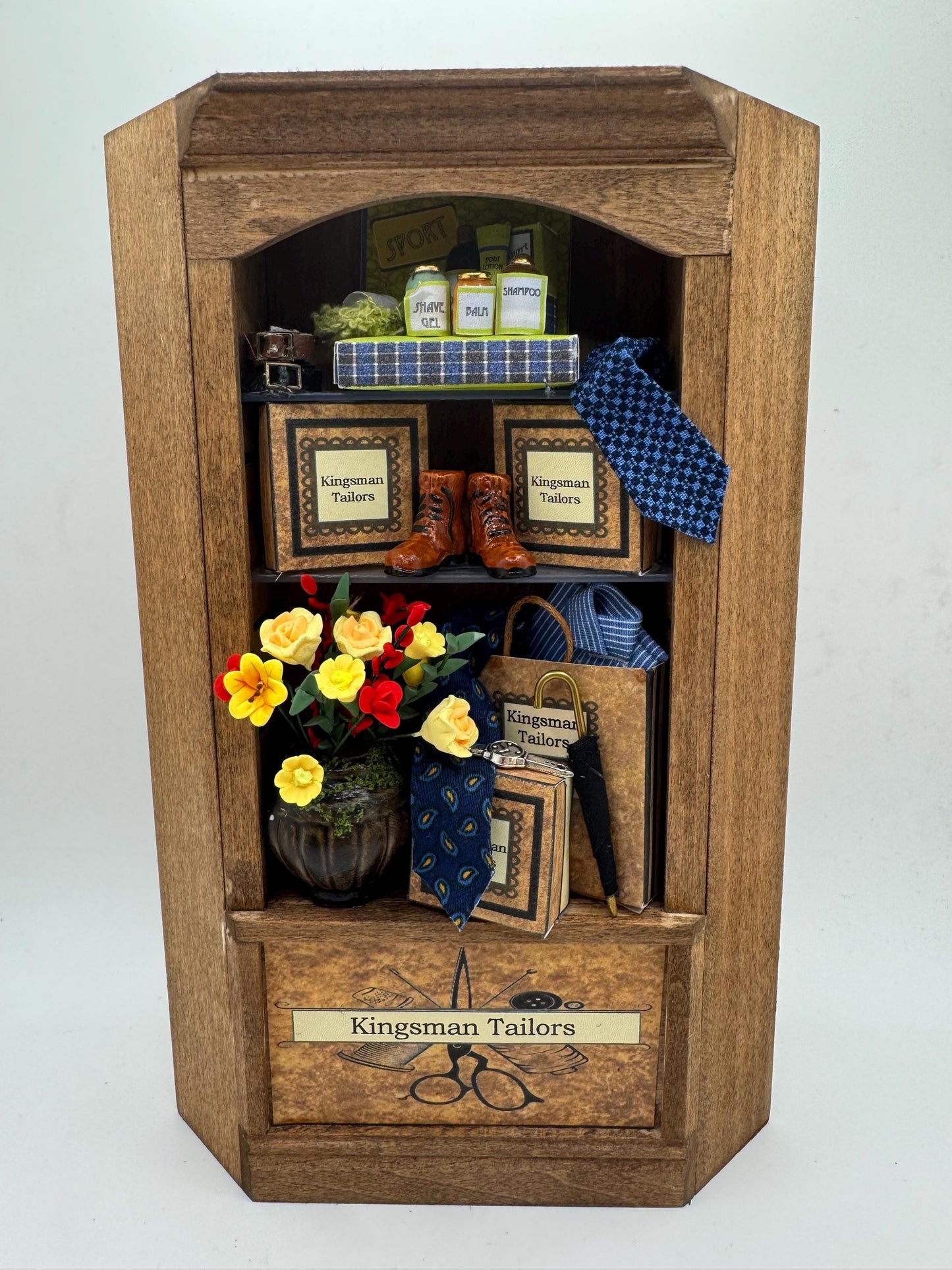 Dolls House Miniatures - Hand Made 1/12th  -  Gentlemans outfitters / shirt shop shelves (various)