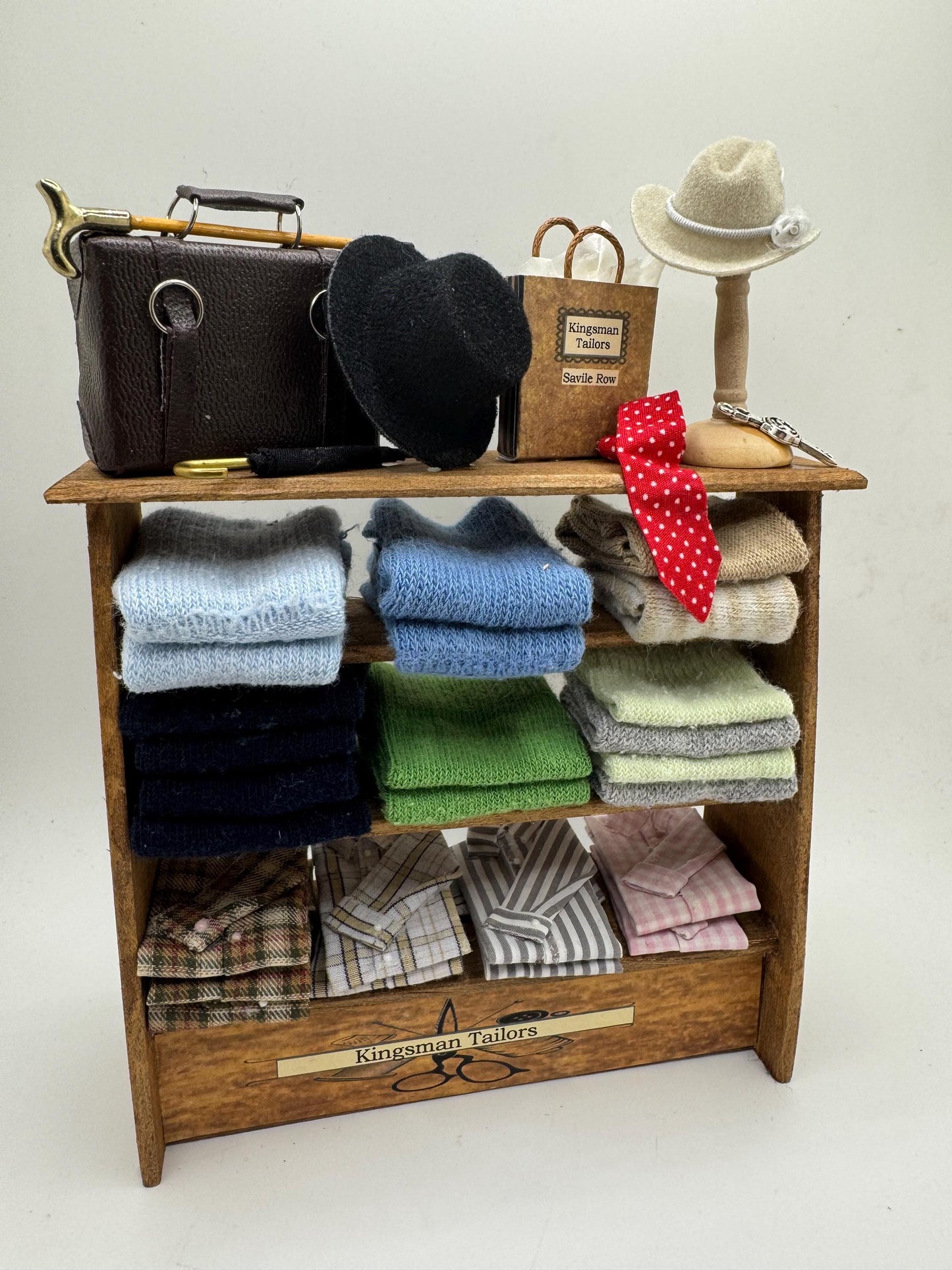 Dolls House Miniatures - Hand Made 1/12th  -  Gentlemans outfitters / shirt shop shelves (various)