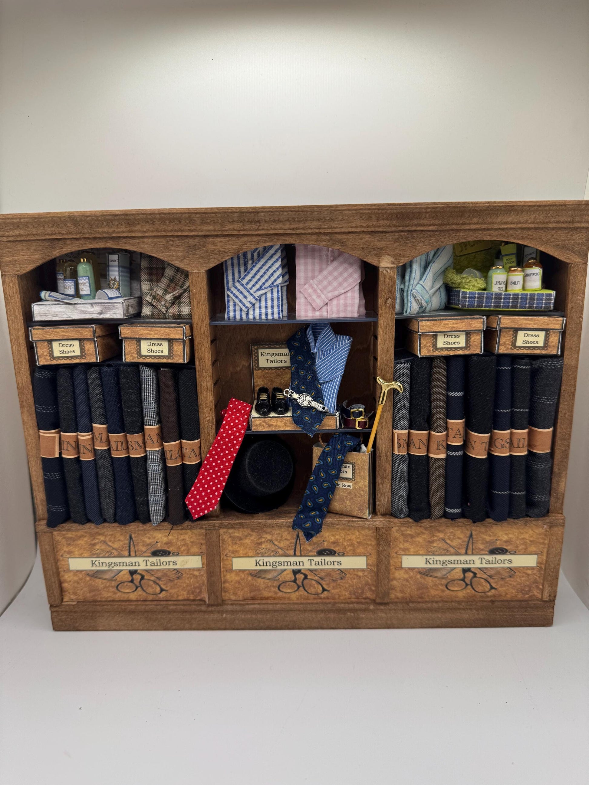 Dolls House Miniatures - Hand Made 1/12th  -  Gentlemans outfitters / shirt shop shelves (various)