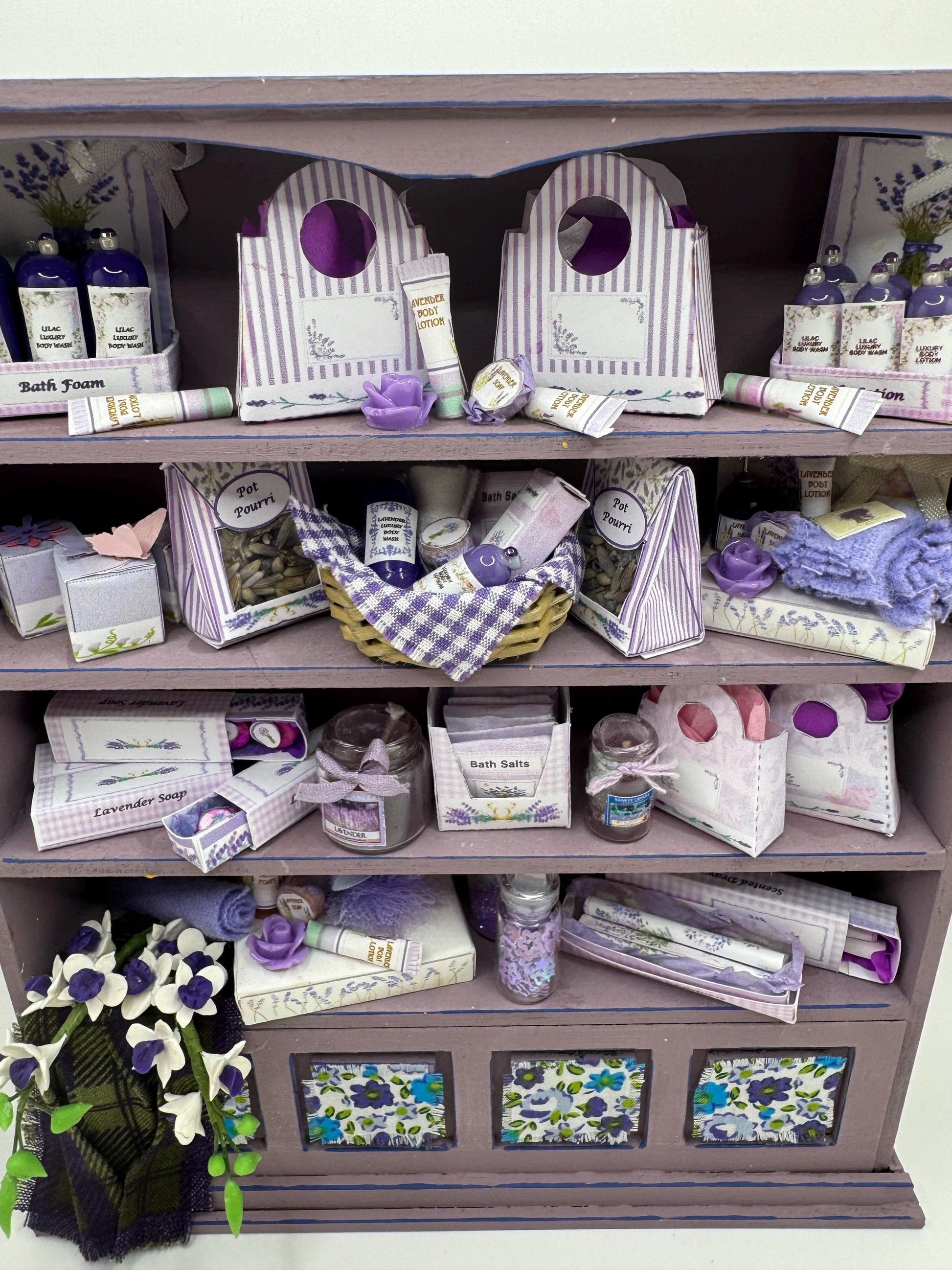 Dolls House Miniatures - 1/12th Lavender Perfume shop Shelves
