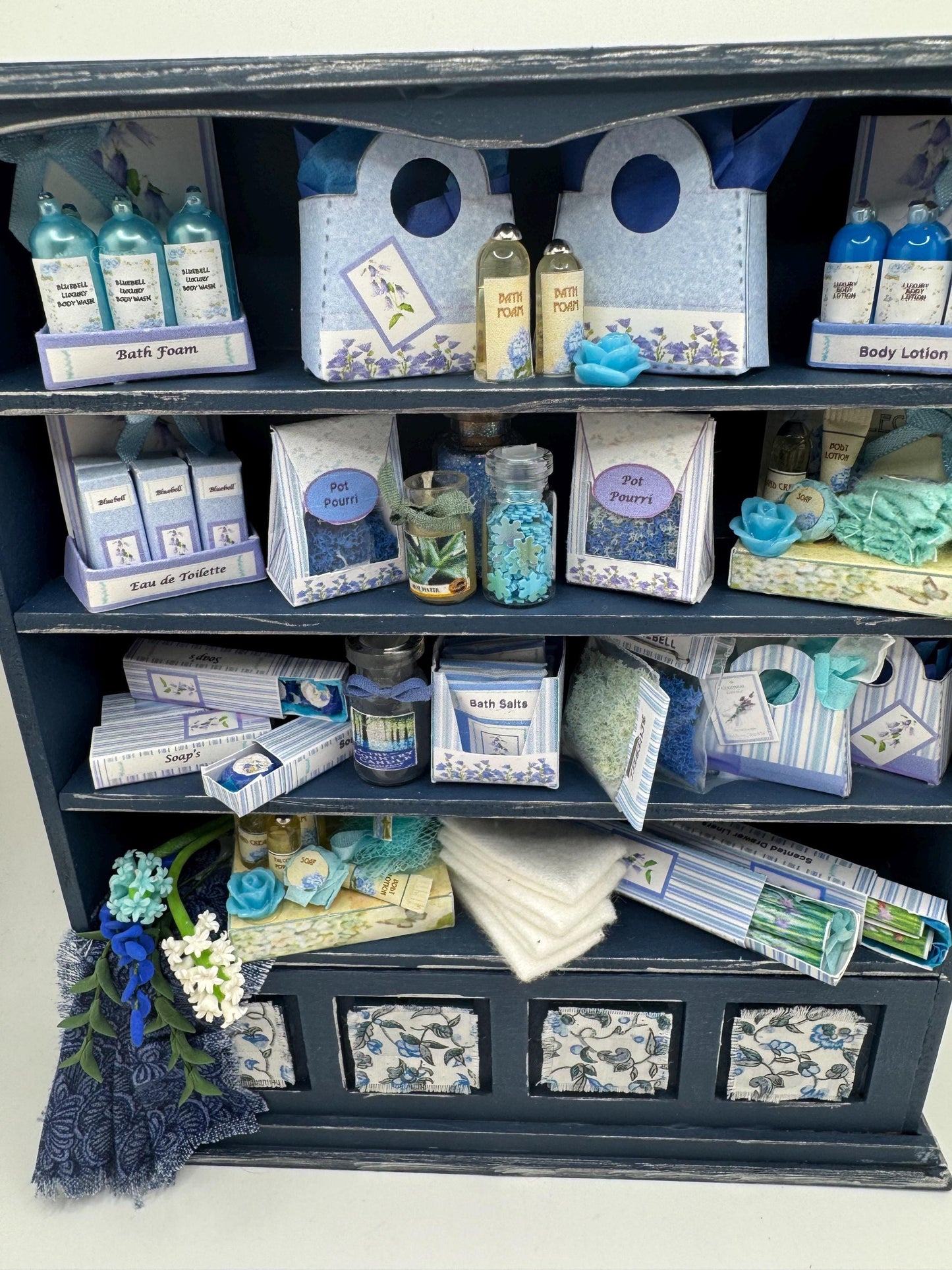 Dolls House Miniatures - 1/12th Bluebell & Hyacinth Perfume shop Shelves
