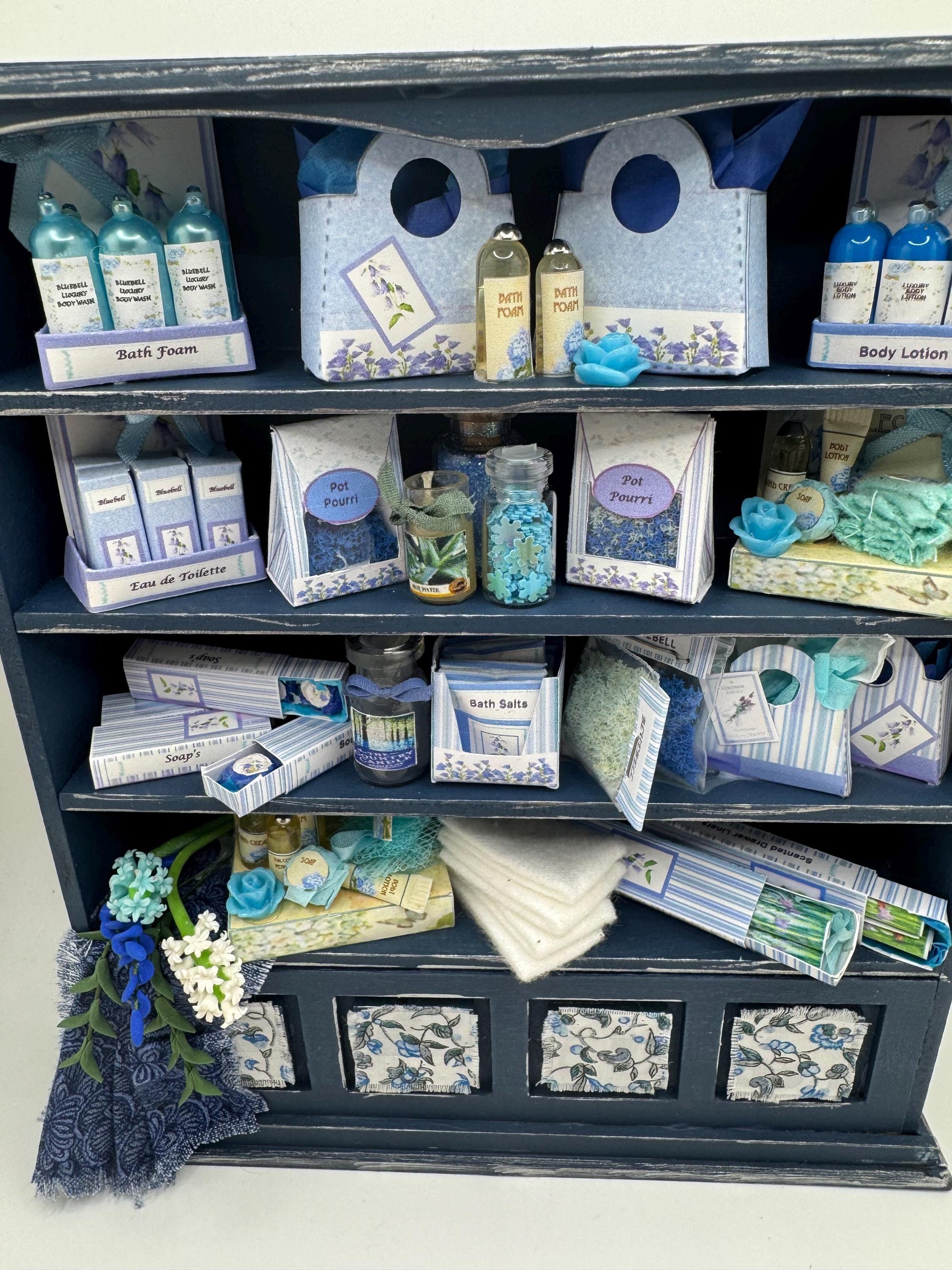 Dolls House Miniatures - 1/12th Bluebell & Hyacinth Perfume shop Shelves