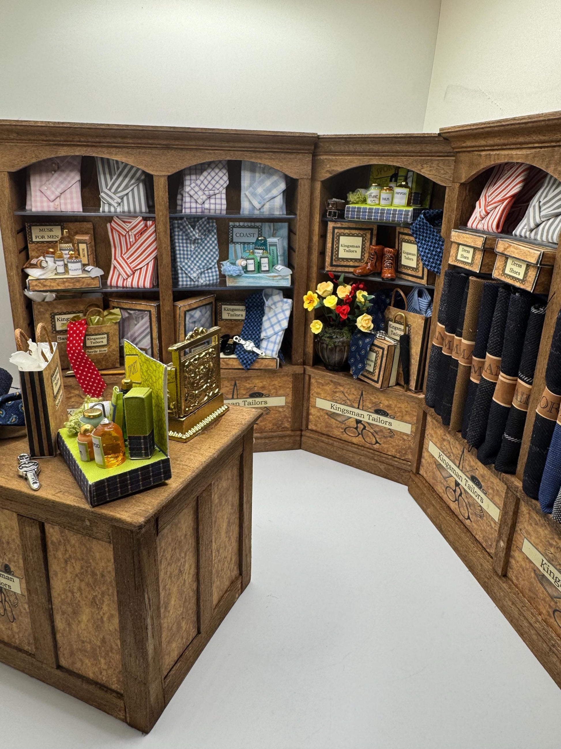 Dolls House Miniatures - Hand Made 1/12th  -  Gentlemans outfitters / shirt shop shelves (various)