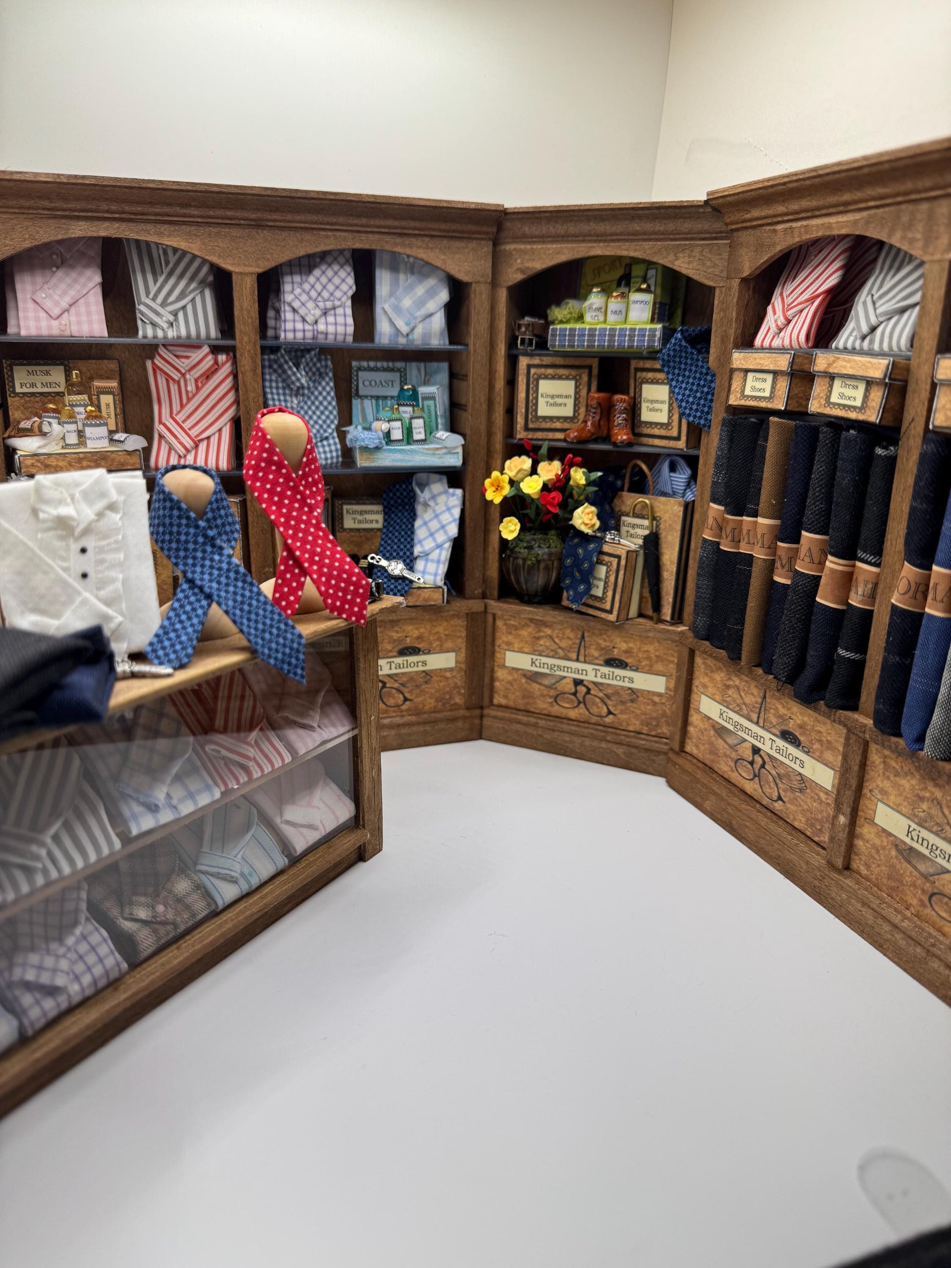 Dolls House Miniatures - Hand Made 1/12th  -  Gentlemans outfitters / shirt shop shelves (various)