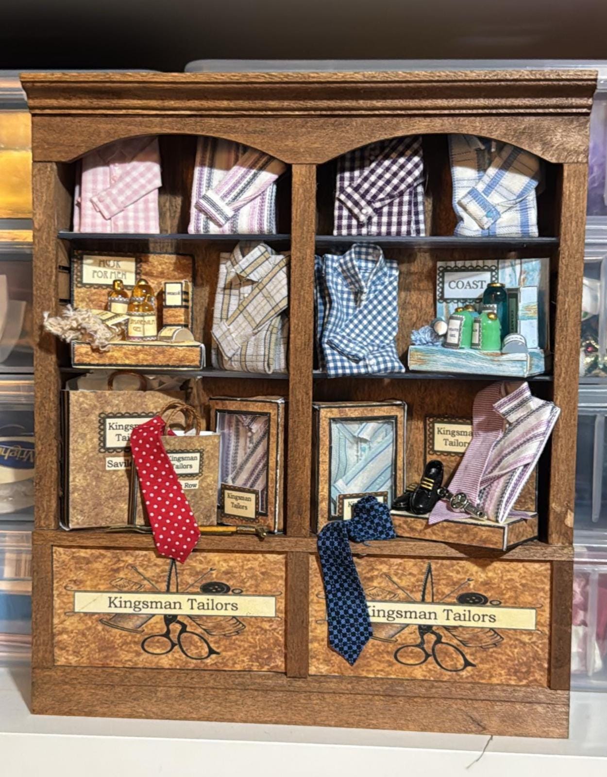Dolls House Miniatures - Hand Made 1/12th  -  Gentlemans outfitters / shirt shop shelves (various)