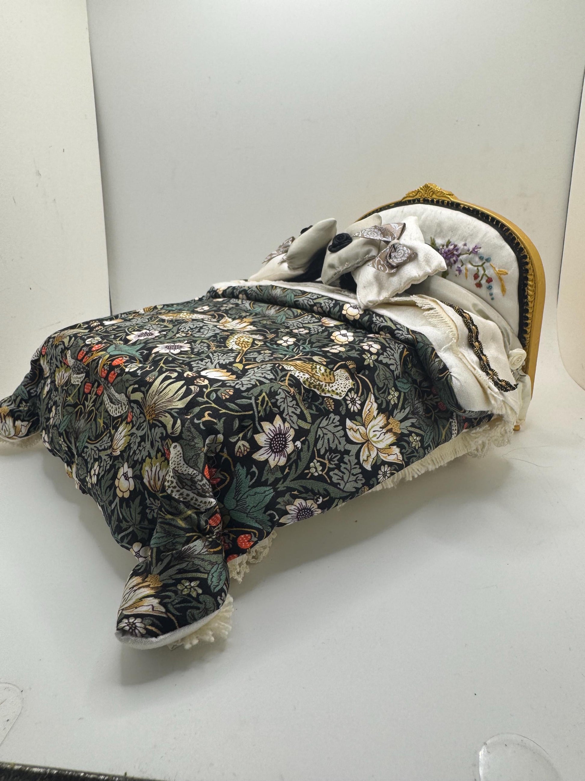 Dolls House Luxury Dressed 1/12th - 1:12 - 1 inch scale French Double bed with Hand Embroidery - William Morris / Liberty Silk bedding