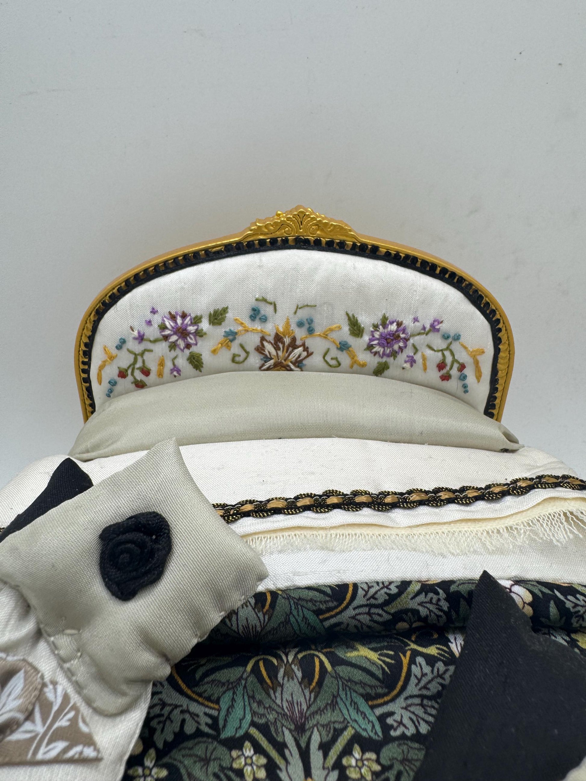 Dolls House Luxury Dressed 1/12th - 1:12 - 1 inch scale French Double bed with Hand Embroidery - William Morris / Liberty Silk bedding