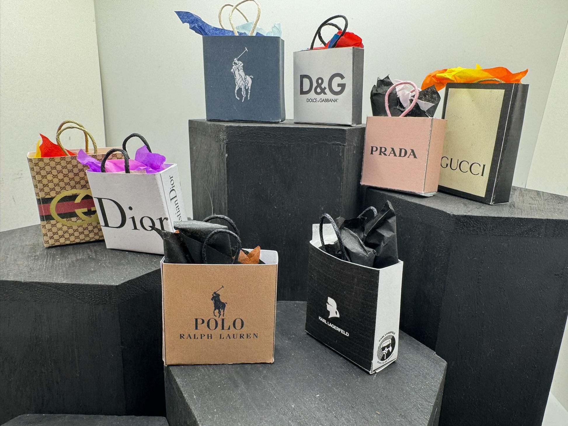 Dolls House Miniatures- 1/12th Shopping Bags x8 - SET 13 - High End Fashion