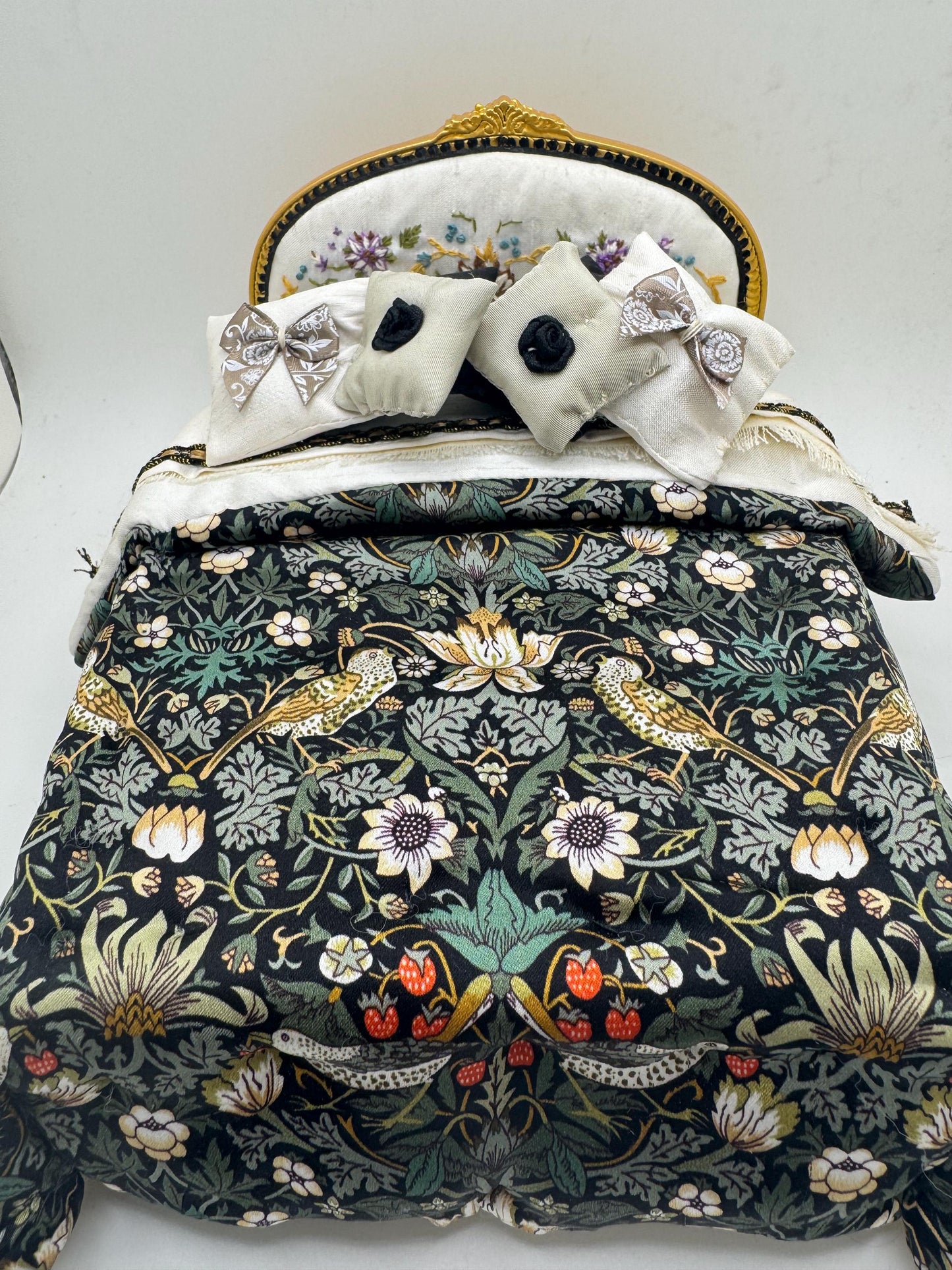 Dolls House Luxury Dressed 1/12th - 1:12 - 1 inch scale French Double bed with Hand Embroidery - William Morris / Liberty Silk bedding