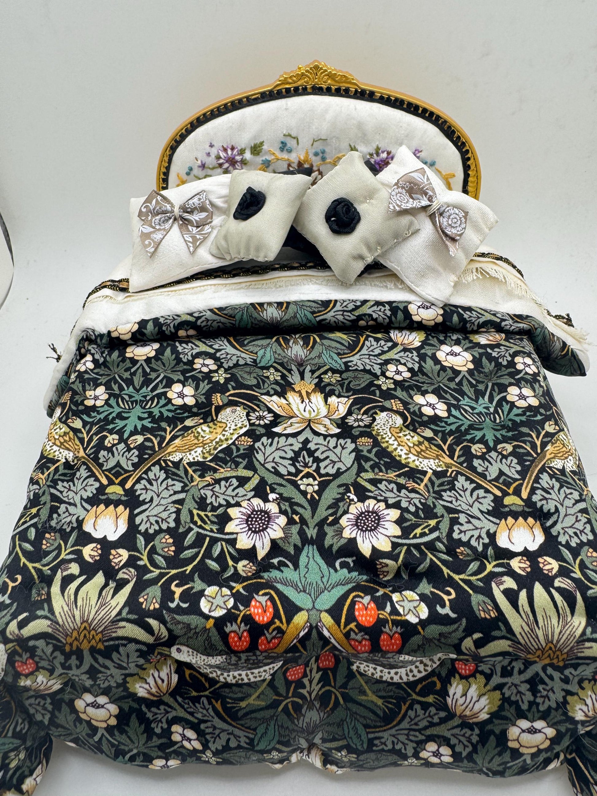 Dolls House Luxury Dressed 1/12th - 1:12 - 1 inch scale French Double bed with Hand Embroidery - William Morris / Liberty Silk bedding