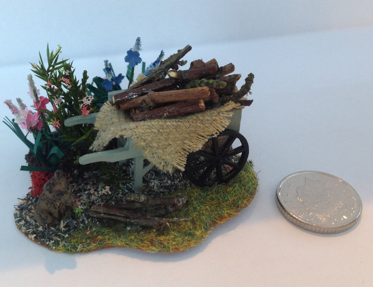 Dolls House Miniatures ( 1/48th - 1:48th - 1/4" - Quarter Inch Scale )  Hand Painted Pretty    - Garden Log Cart Scene